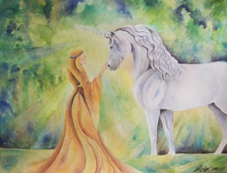 Maiden and Unicorn 11x14 watercolor